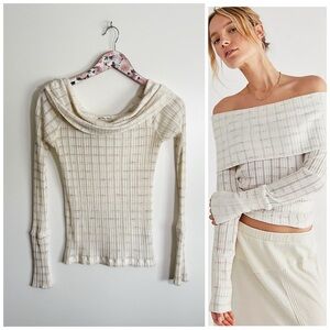 FREE PEOPLE Snowbunny Girlfriend Rib Top Long Sleeve Striped M Medium White